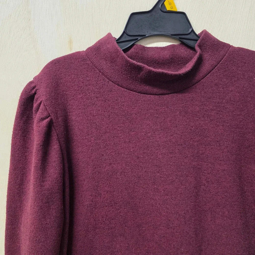 Madewell Burgundy Mock Neck Puff Sleeve Textured Knit Top XL CKP455955837